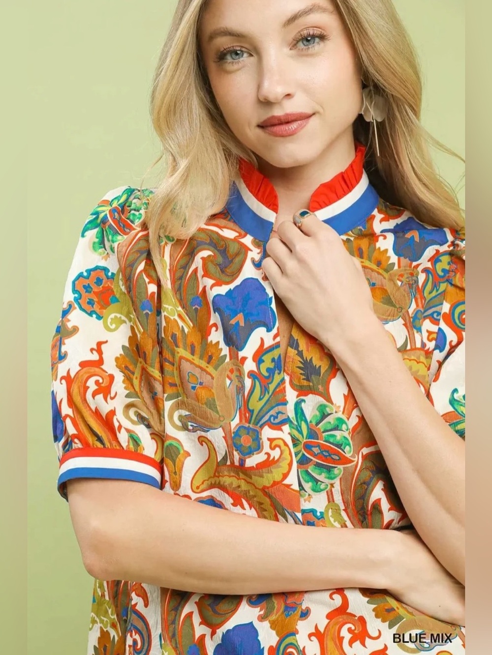 Umgee Boho Paisley Print Blouse Ruffle Neck Puff Sleeve Knit Trim Size Large